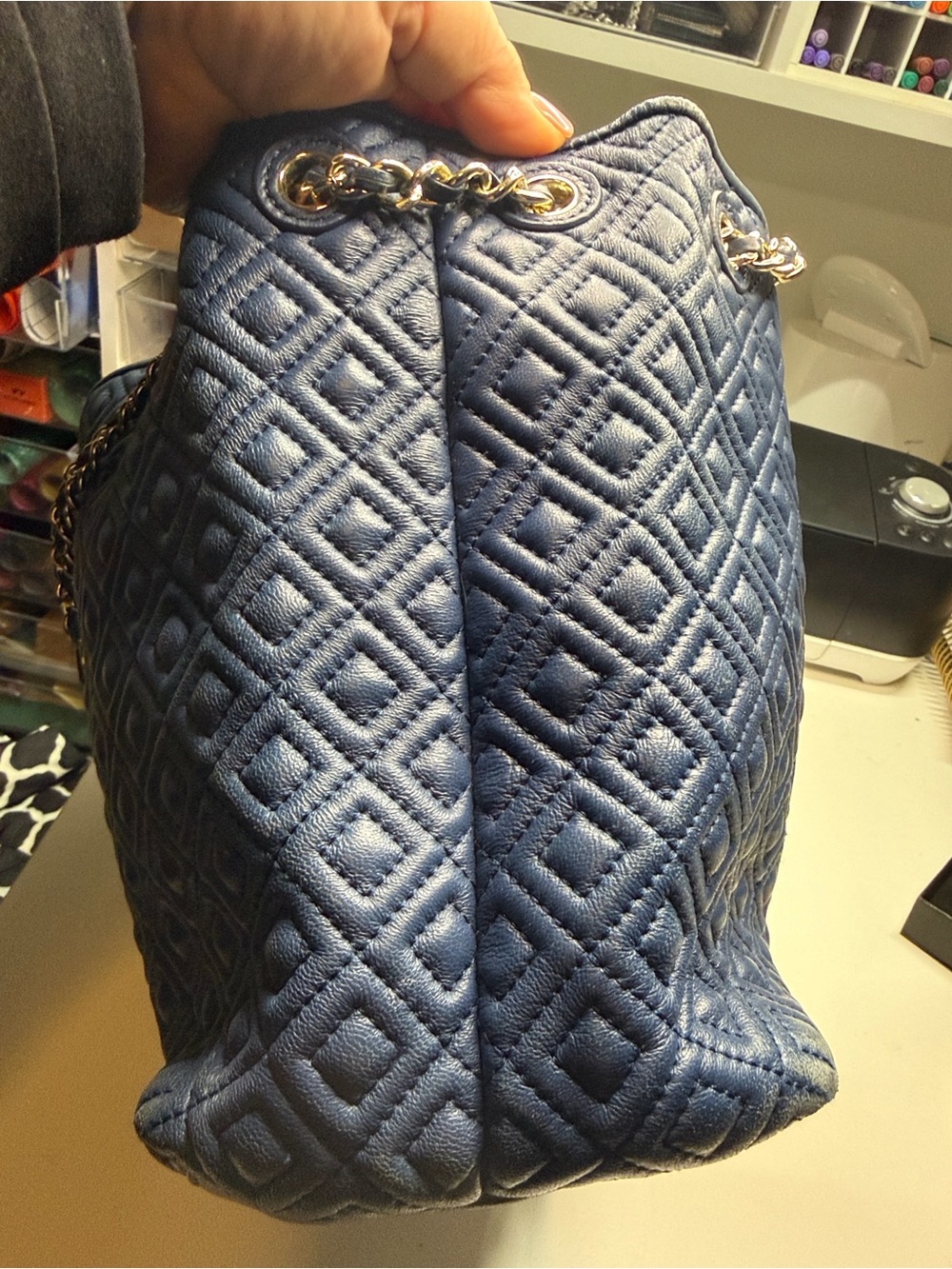 Tory Burch Quilted Tote with Gold Chain Handles in Navy Blue - Picture 5 of 7